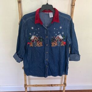 Vintage Bobbie Brooks Woman Denim Christmas Shirt Velvet Collar XL